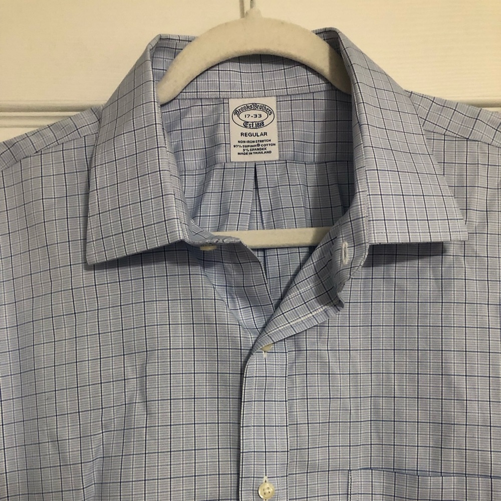 Brooks brothers Blue white checkered plaid button down shirt Size 17 33 non iron